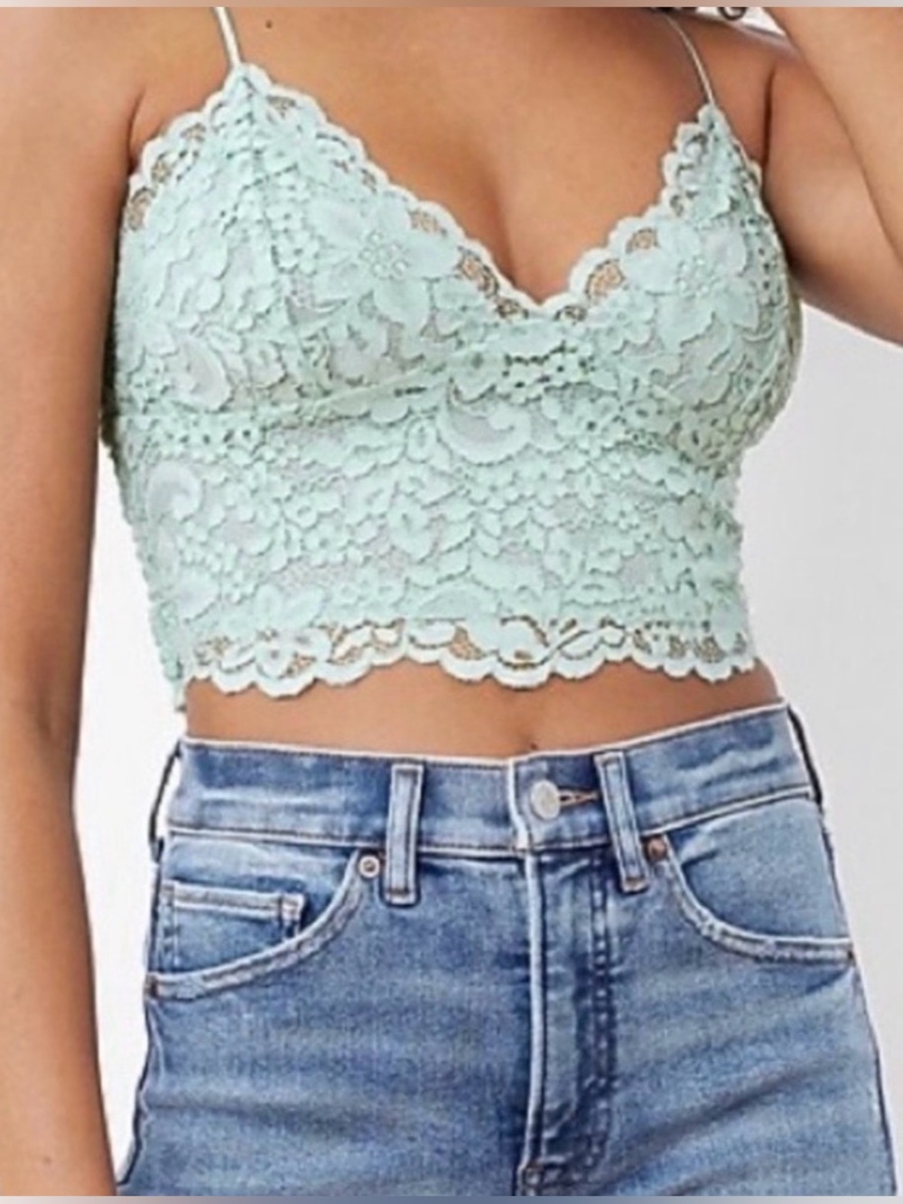 NWT Express Sz M All Over Lace Cropped Cami Tank Mint Green V Neck